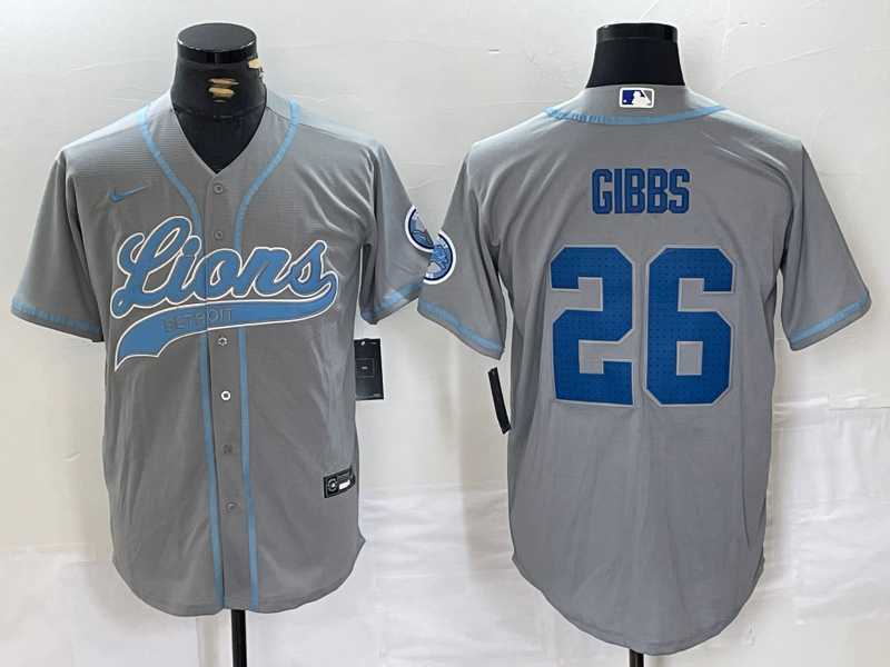Men%27s Detroit Lions #26 Jahmyr Gibbs Grey With Patch Cool Base Stitched Baseball Jersey->detroit lions->NFL Jersey